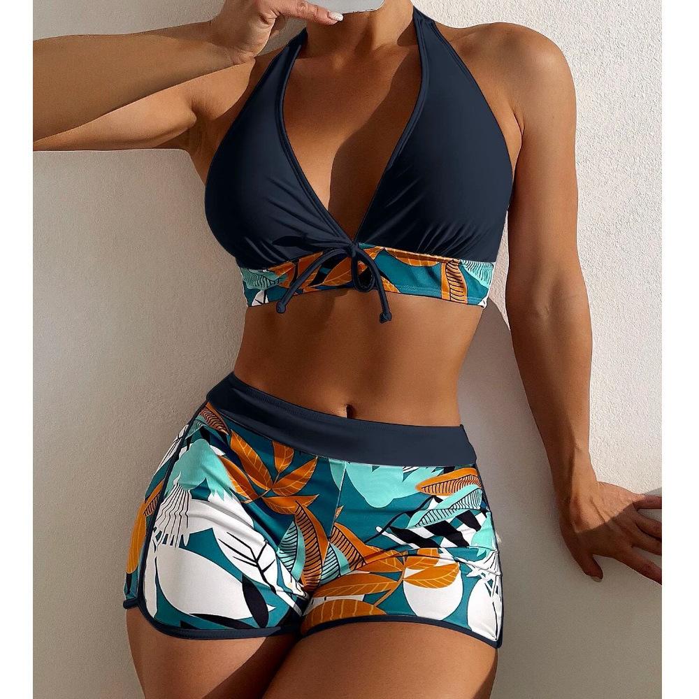 Europe and The United States Swimsuit Ladies Print Neck Conservative Flat Angle High Waist Split Flat Angle Bikini High Waist