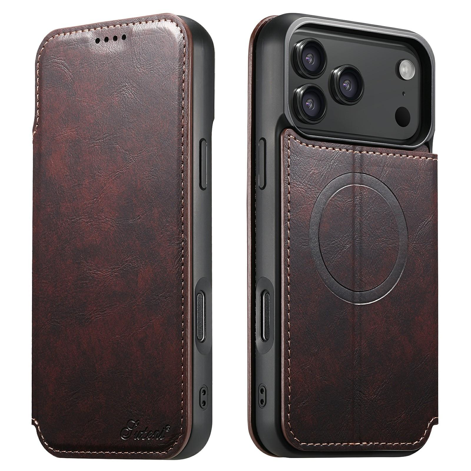 SUTENI J05 For iPhone 17 Pro Case Compatible with MagSafe Textured PU Leather Flip Phone Cover B