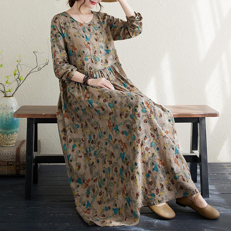 DIMANAF 2024 Rochie de primăvară mărime Plus pentru femei, rochie boemă ocazională cu imprimeu floral, rochie lejeră pentru plajă, decolteu O, verde, femeie