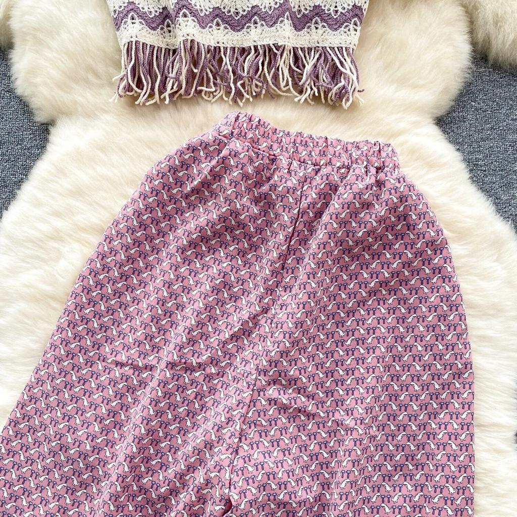 Bohemian Seaside Holiday Sle Zweiteiliger Anzug mit Wellenmuster, Camisole-Ärmel, vielseitiges, geschlitztes Hosenset mit weitem Bein