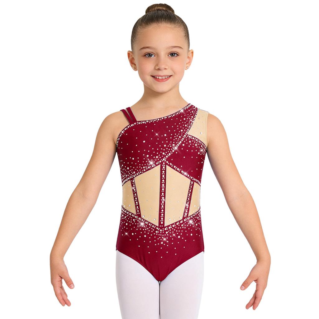 Meisjes Glanzende Strass Dans Leotard Mouwloos Asymmetrisch Kleurblok Bodysuit