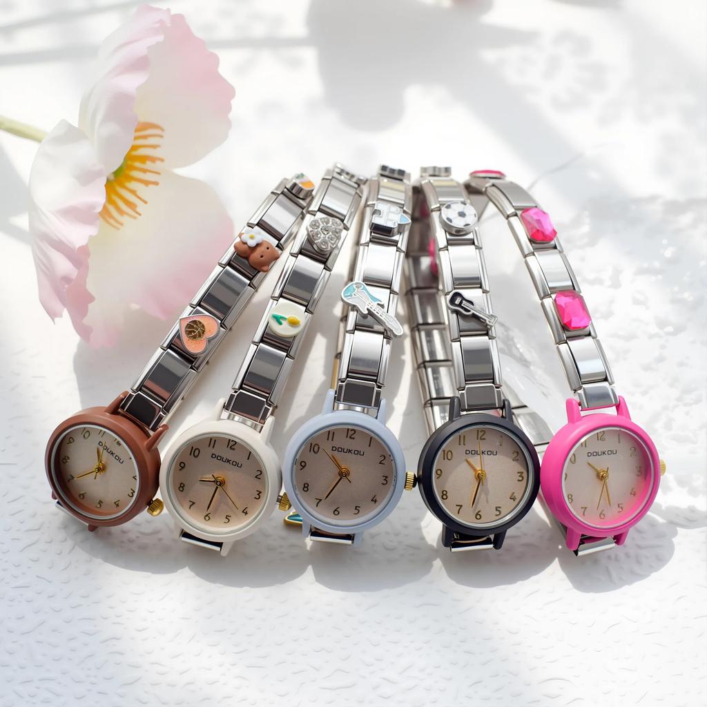 Vintage Italienisches Charm-Armbanduhr Bunt Strass Y2K Edelstahl Modulare Uhr Abnehmbare Glieder Ästhetischer Schmuck