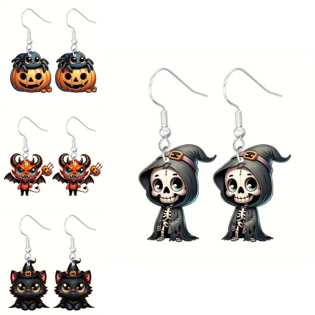 Halloween Themed Earrings Featuring Each Cat Demon Pumpkin And Skull Pattern For Festive Look