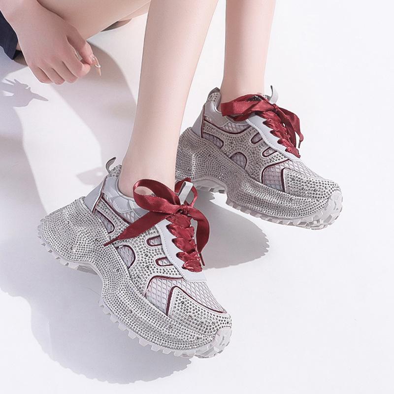 Height-increasing Dad Shoes Women's Spring New Lace-up Full Diamond Platform Sports and Leisure Shoes Happy New Year