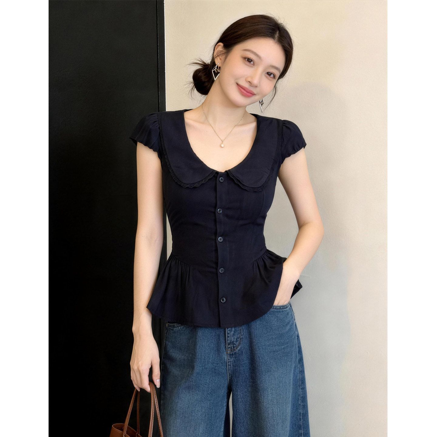 Vintage Ruffled Peter Pan Collar Peplum Top Fitted Short Cap Sleeve Women Dressy Blouse s тёмно-синий