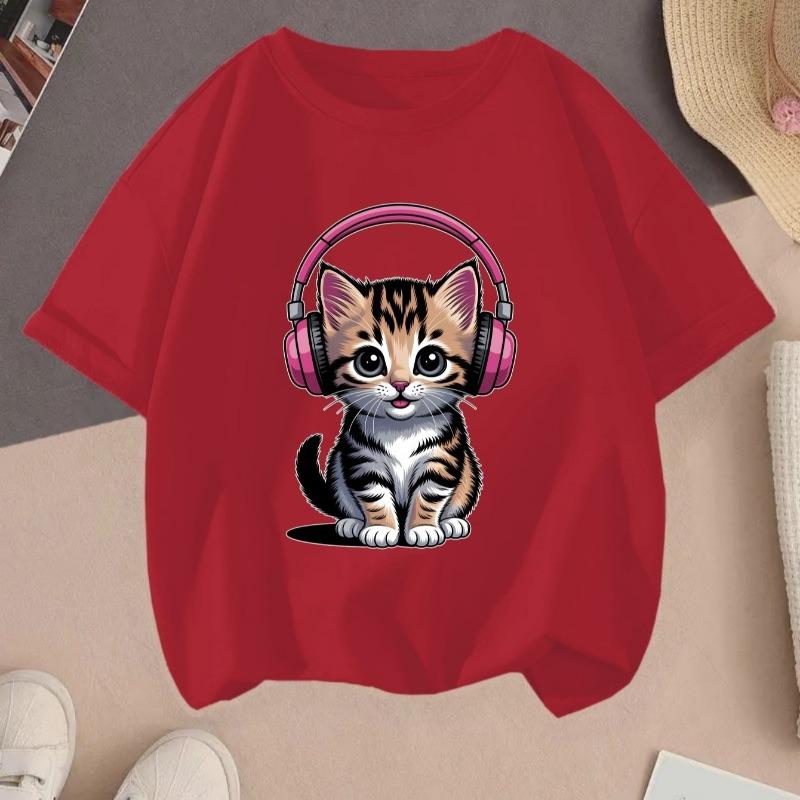 Kids Crewneck Short Sleeve Tee, Cute Tabby Cat Wearing Headphones Print Summer Casual Top