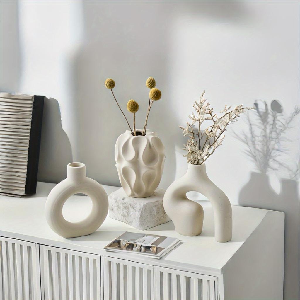 3pcs Boho Ceramic Vase Set, Geometric Pattern, Ideal for Trendy Home Decor, Living Room, Entryway, Coffee Table - No Battery Required, Decorative Gift