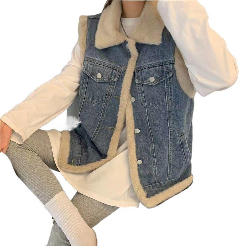 Lamb wool denim vest girl autumn and winter clothing new junior high school students fleece thickened vest jacket