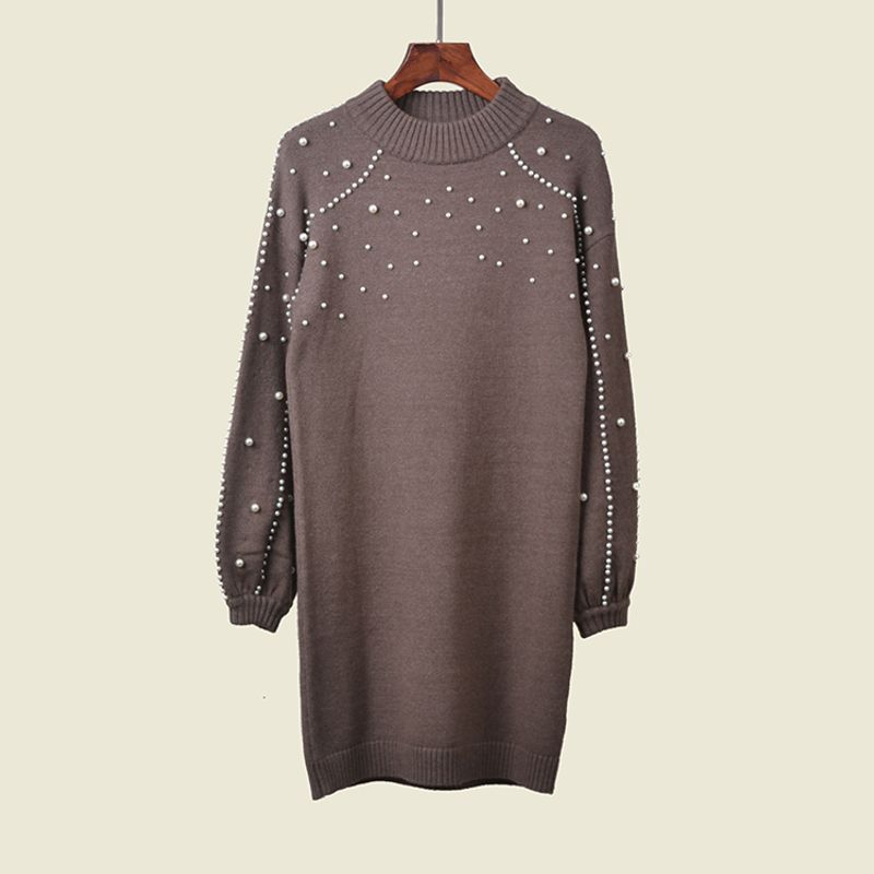 

Western Style Heavy Industry Pearl Rivet Loose Version Dress Foreign Trade Original Order Warm Thick Lantern Sleeve Long dress Brown CH