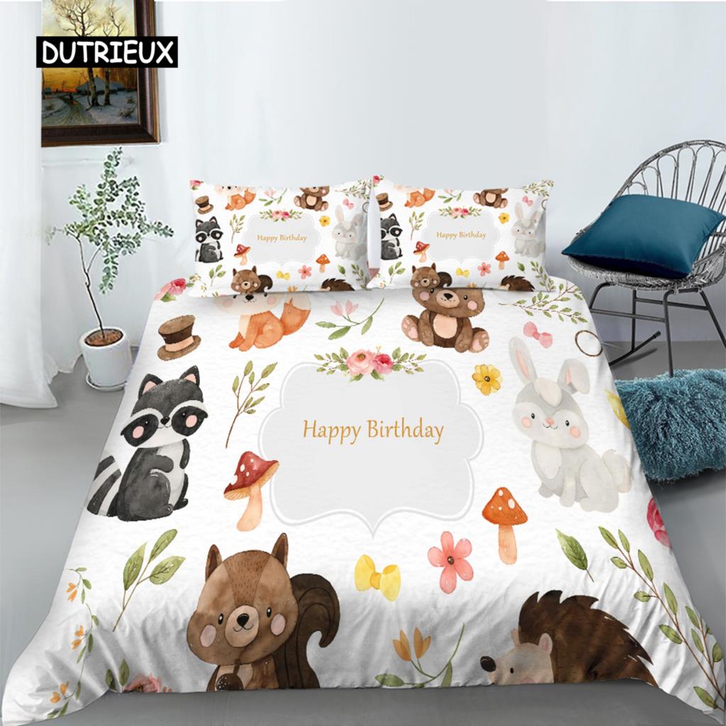 Cartoon Animal Happy Birthday King Queen Duvet Cover Cute Lion Bedding Set Kids Boys Girls Elephant 2/3pcs Polyester Quilt Cover