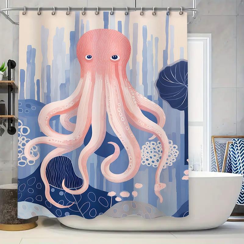 Pink Octopus Shower Curtain with Underwater Scene for Bathroom Decor Waterproof Fabric Size 72x84 Inch (S015) 90x180cm