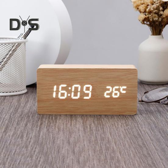 Dřevěný budík s velkým LED displejem Snadno čitelný Stmívatelný Odložení Digitální budík s ukazatelem teploty