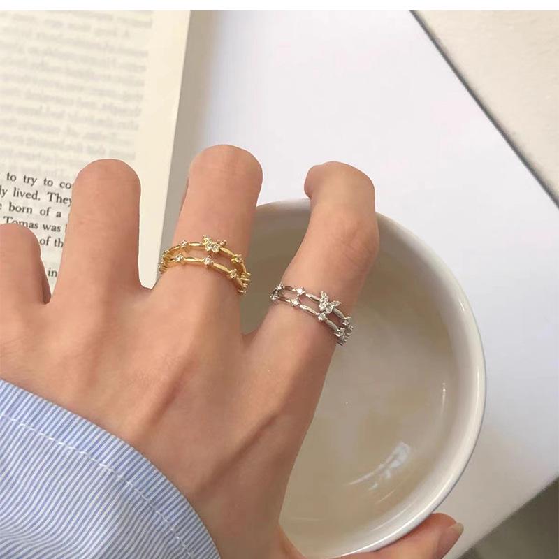 Chao Xiaobai 925 Sterling Silber Schmetterlingsring mit Zirkonia - Offenes doppellagiges geometrisches Design für Damen