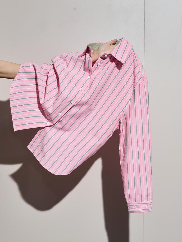 Women's Korean-Style Pink Striped Polo Long-Sleeve Shirt, Loose Fit, Versatile for Early Autumn