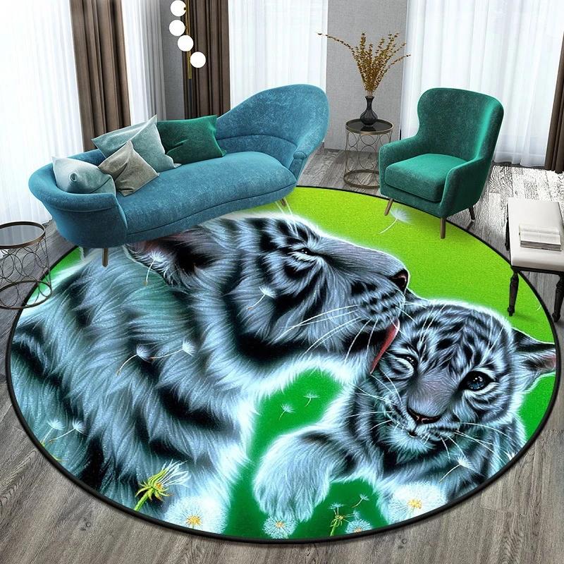 Cute Tiger Round Rug Wild Animal Carpet Non-slip Floor Mat for Living Room Bedroom Playroom Bathroom Decor Soft Circle Doormat