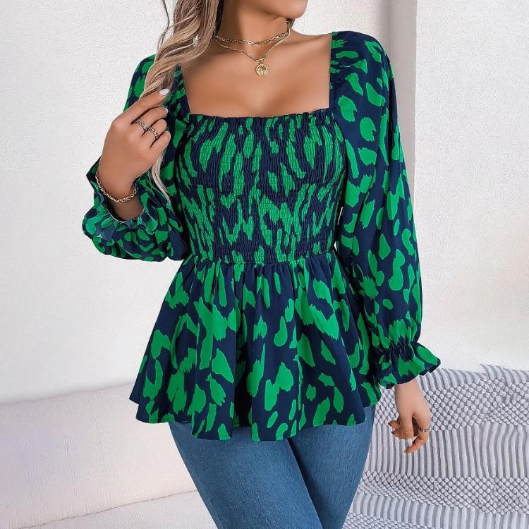 Women Long Sleeve Leopard Print Chiffon Blouse Streetwear Top Square Neck Tee Ladies T Shirt
