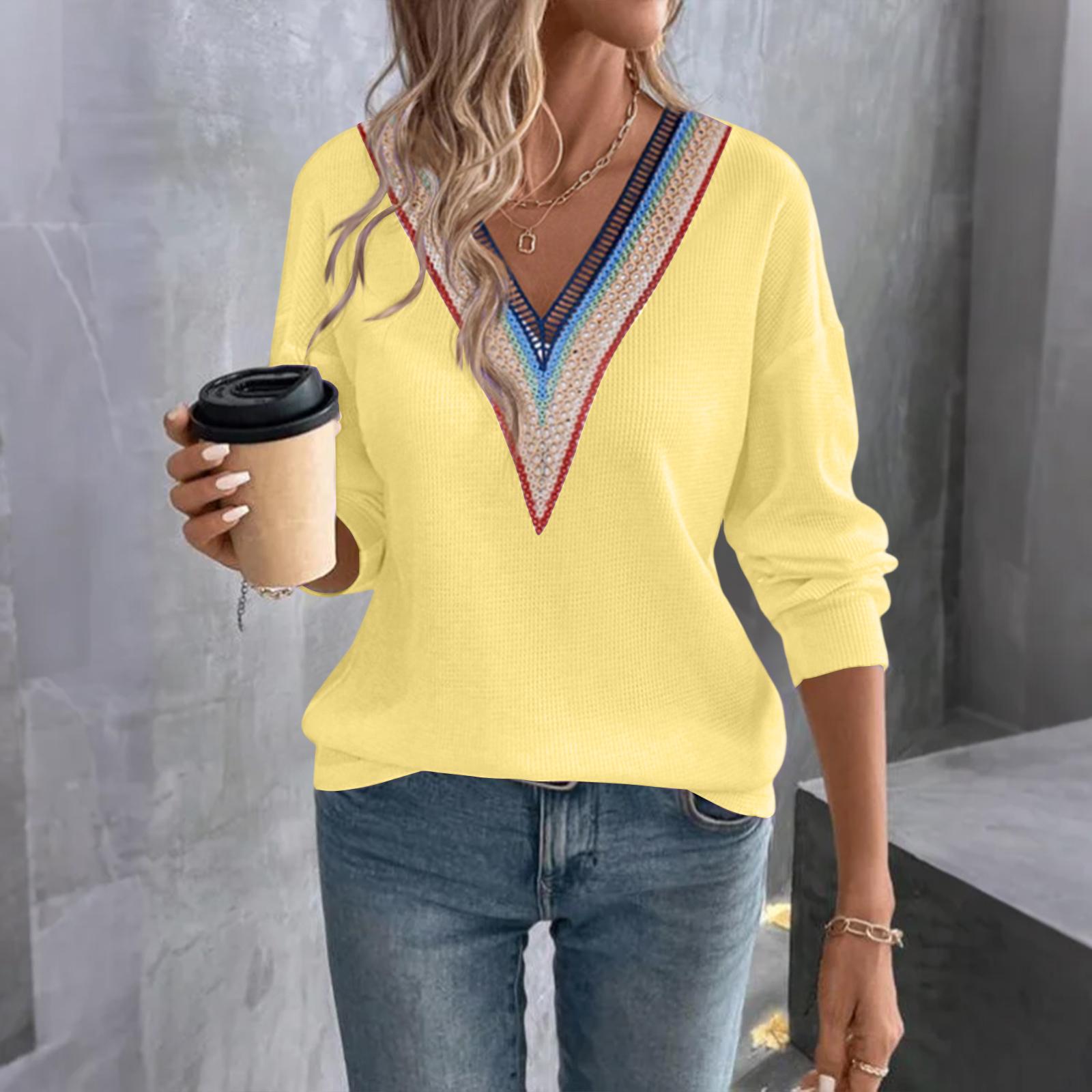 

Women s Fashionable Casual Long-Sleeved Lace-Trimmed Color-Blocked V-Neck Top/T-Shirt L жёлтый