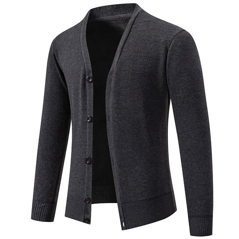 Men S V Neck Long Sleeve Fleece Knit Cardigan Solid Color Casual