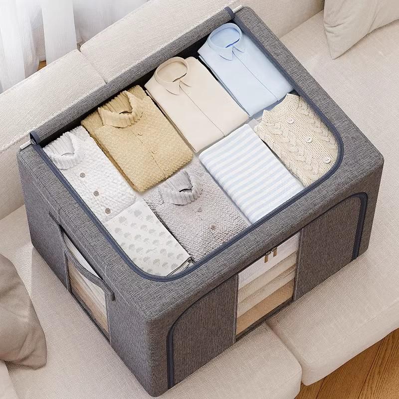 Foldable Steel Frame Clothing & Quilt Storage Box - Moisture-Proof Cotton Organizer for Dorm & Home.