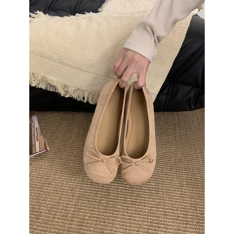 Candy Bow Light Mouth Suede Round Head Ballet Shoes Women's Soft Flat Bottom One Pedal Mary Jane Single Shoes