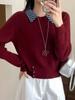 Korean Plaid Patchwork Knit Sweater - Women's Long Sleeve Fake Two-Piece