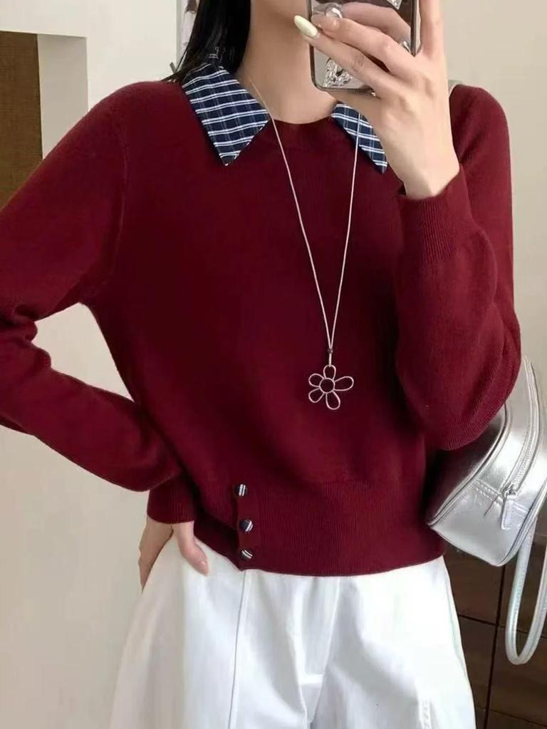 Korean Plaid Patchwork Knit Sweater - Women's Long Sleeve Fake Two-Piece