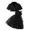 Girls Short Suit Jacket + Butterfly Mesh Suspender Long Skirt Two-piece Set