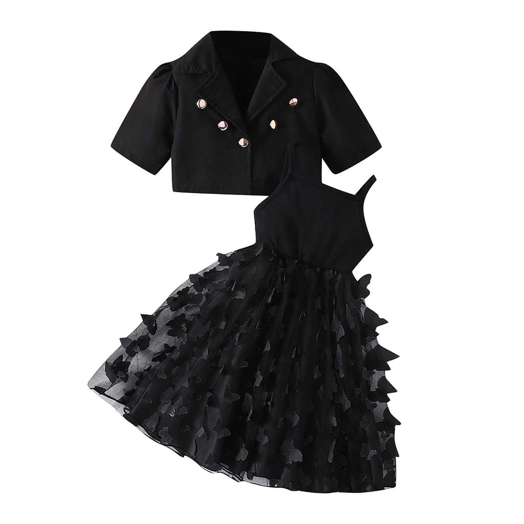Girls Short Suit Jacket + Butterfly Mesh Suspender Long Skirt Two-piece Set