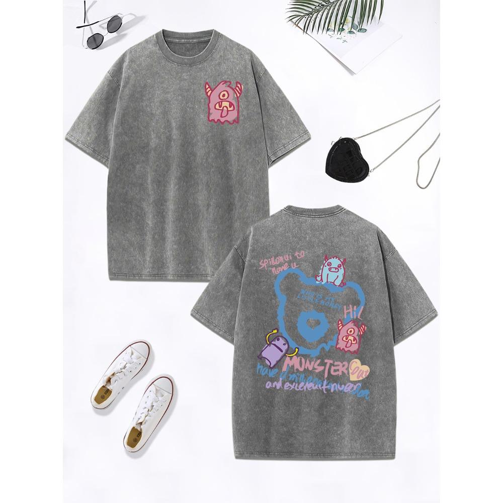 Cute Silly Monster Graffiti Prints Washed T-Shirt Womens Cotton Oversized T Shirts O-Neck Comfortable Tops Womans Clothes