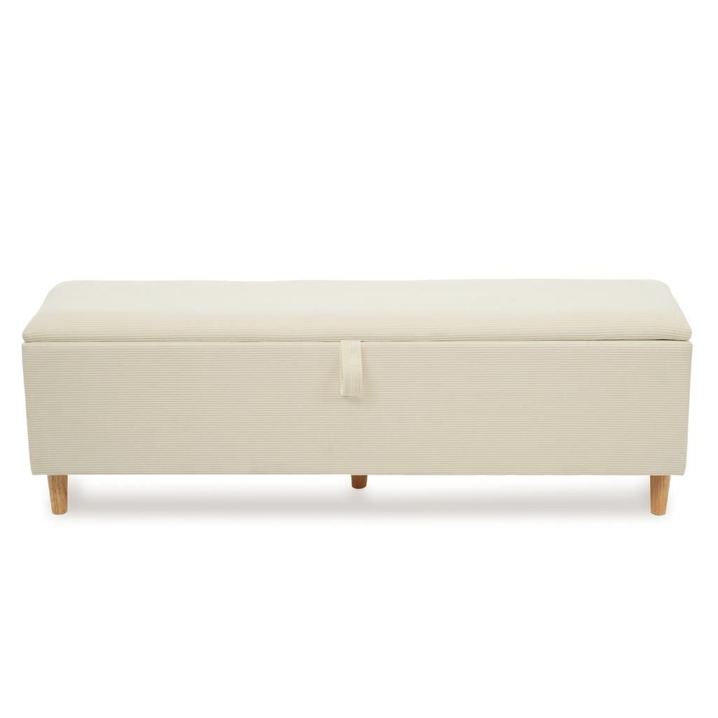 Double Bed Wooden Bed 140×200cm with Bed Bench, Headboard with Storage, LED Lighting and Beige Corduroy Upholstered Backrest, Light Oak (No Mattress)