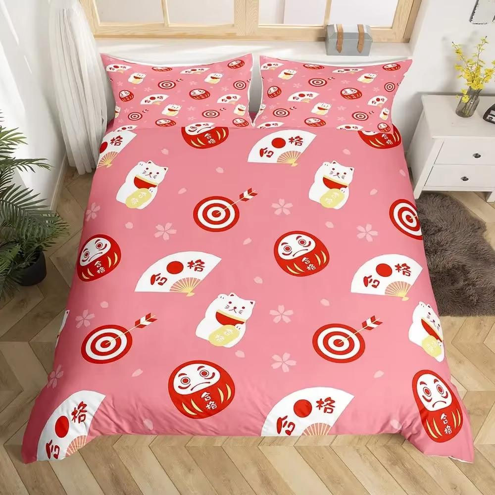 Lucky Cat Duvet Cover Set Japanese Style Wave Pattern Bedding Sets Adult Kid Bedroom Exotic Decor King Comforter Cover 3Pcs Set