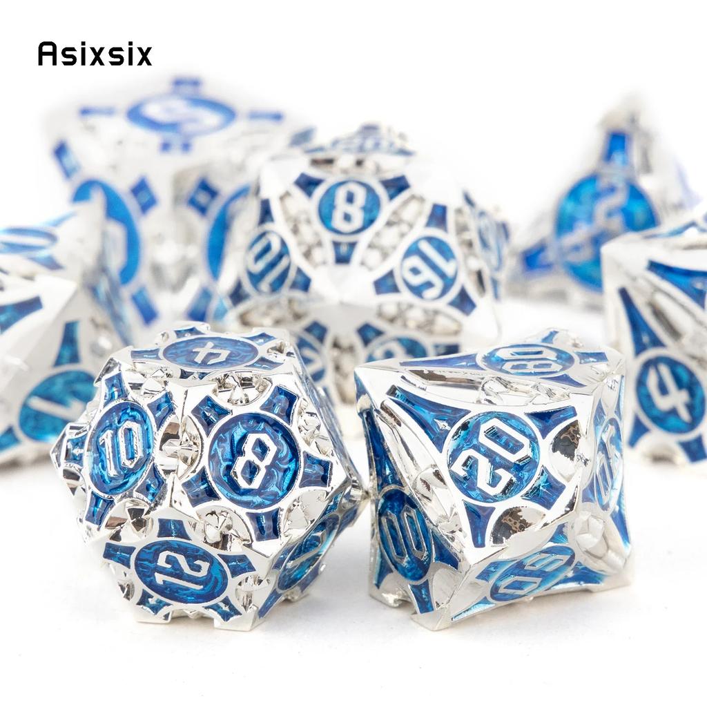 7 Pcs Blue White Metal Dice Solid Metal Polyhedral Dice Set Suitable For Role-Playing Dice PropBoard Game Gift