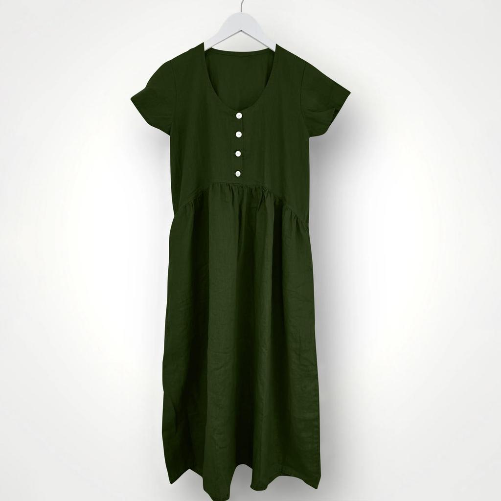 Women's Fashionable Color Cotton And Linen Round Neck Short Sleeved Pocket Casual Loose Beach Vacation Dress