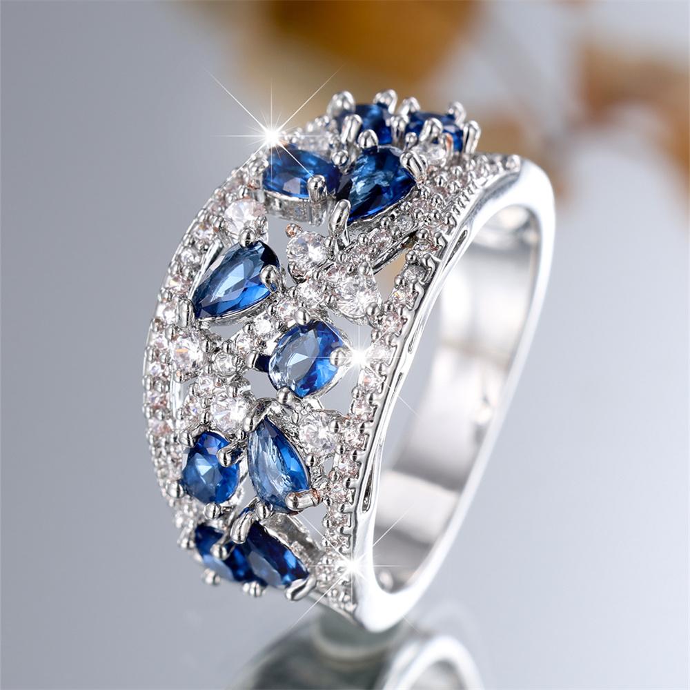 Blue Crystal Zircon Water Drop Stone Engagement Rings For Women Vintage Silver Color Wedding Bands Birthstone Jewelry Party Gift