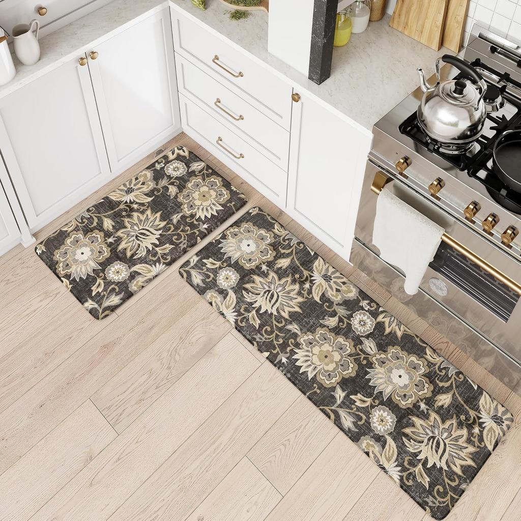 Anti Fatigue Cushioned Memory Foam Kitchen Rugs Floral Print Non Skid Waterproof Non-Slip Thick Cushioned Kitchen Mat Heavy Duty Comfort Standing Mat