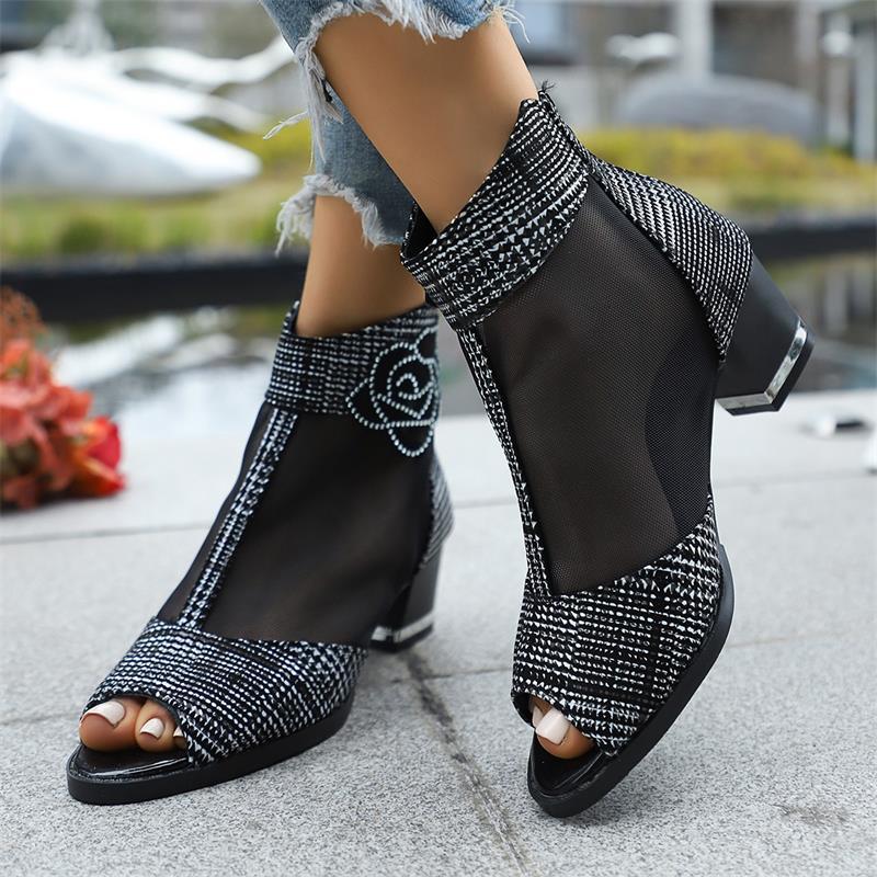 Mode 2025 Übergröße Mesh Damen Zehenfreie Stiefel Kristall Floral Reißverschluss hinten Knöchelsandalen Stiefel Stilvoll Retro Sommer Modern Klobige Absätze