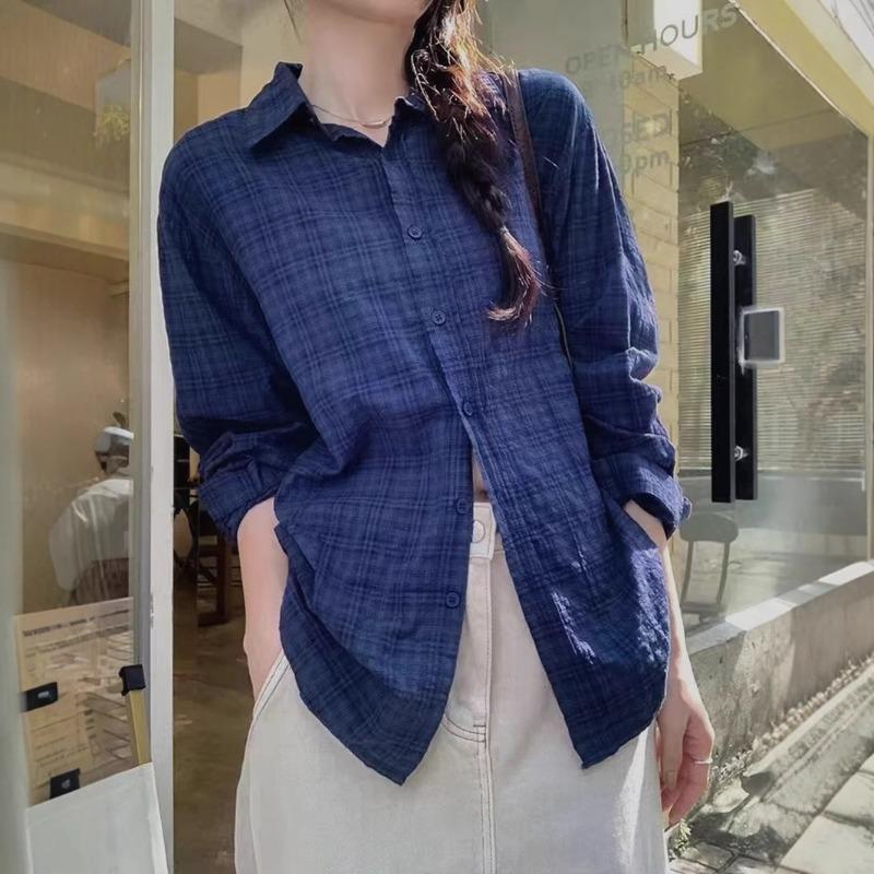 Французская Ретро Клетчатая Рубашка Женская Весенне-Летняя Защита от Солнца Свободная Универсальная С Длинным Рукавом Топ S