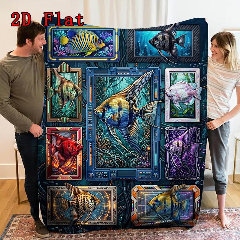 Cybernetic Fish Showcase 2D Flat Pattern Flannel Blanket, High Quality All Seasons, Home Decor, Warmth and Comfort, Perfect for Christmas Gifts.