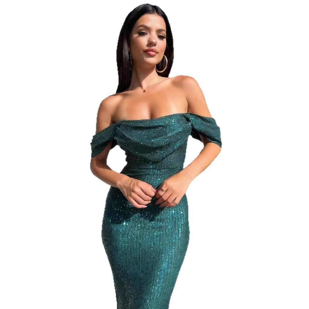 2026 European Sequin One-Shoulder Slit Dress - Women's Casual Fashion