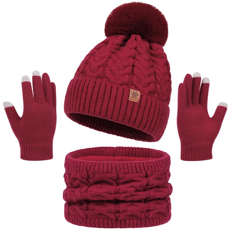 3Pcs Women Winter Hat Scarf Gloves Set Christmas Fur Ball Teenager Beanie Neck Warmer Suit Pompom Knitted Woman Men Cap Set