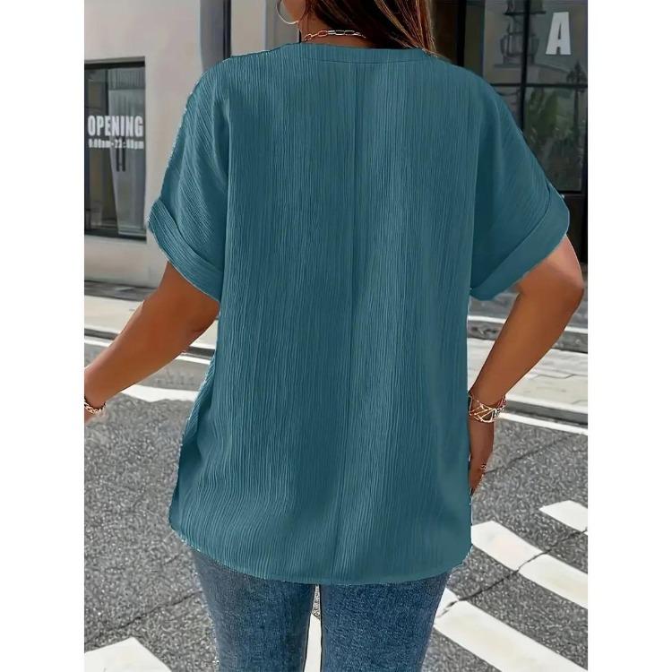 T-shirt Casual da Donna Taglie Forti Casual Colore Unico Bottoni Scollo a V Elegante Colore Unico Manica Corta Abbottonata Moda Quattro Stagioni Nuovo