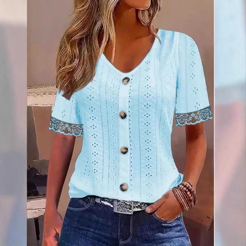 Women Short Sleeve V Neck Hollow Lace Trim Button T Shirt