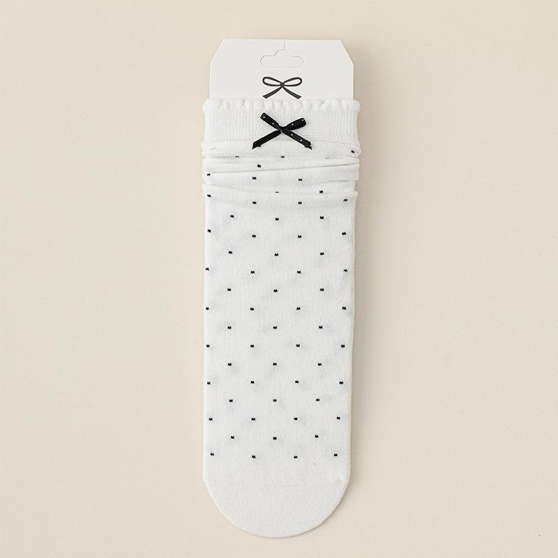 Women's Mid-calf Socks, Boneless Cotton Socks for Spring and Autumn, Polka Dot Lace Bow Long Socks, Polka Dot Versatile Socks, Pile Socks