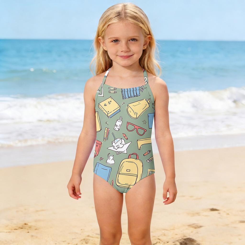 Girls One Piece Swimsuit Kids School Supplies Print Adjustable Straps Summer Beach Swimwear Bathing Suit for Toddlers and Children