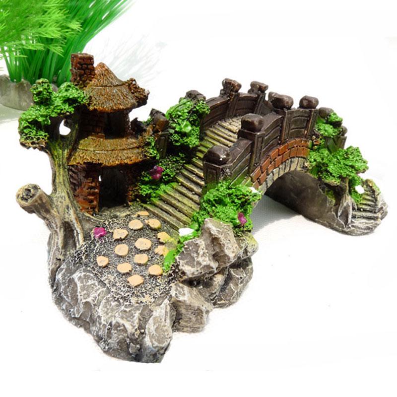 Aquarium Ornament Bridge Resin Rockery Fake Rock Bridges Pavilion Tree Landscape Fish Tank Decoration