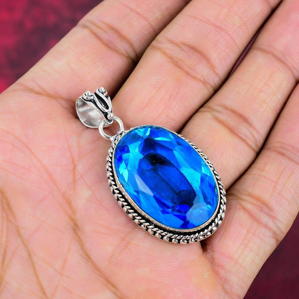 Blue Topaz Pendant, 925 Solid Sterling Silver Gemstone Jewelry, Handmade Pendant, For Thanksgiving