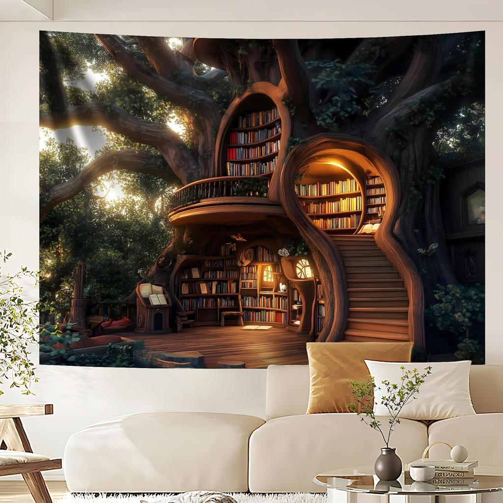 Magic School Bookshelf Tapestry Study Room Picture Large Book Tree House Medieval Tapestries Dorm Wall Art for Home Decor