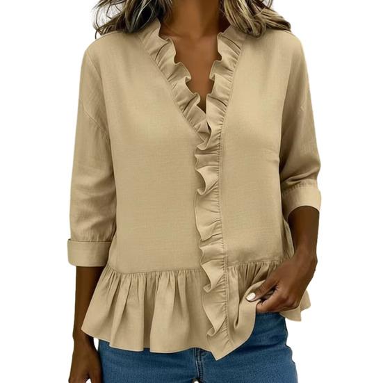 Women Casual Shirt Stand Collar Mid-Length Long Sleeve Breathable Tops Pure Color Loose Fit Ruffle Trim Shirt Daily Wear
