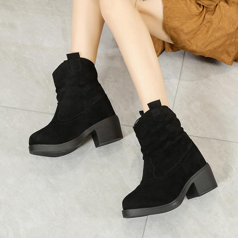 

Women 2026 New Round Toe Suede Sleeve Pleated Platform Block Heel Booties Winter Heels 40 чорний