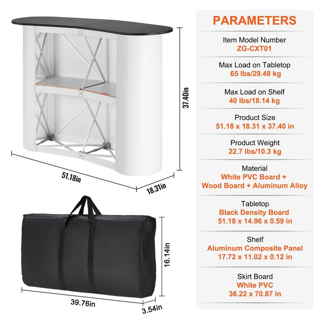 Portable Tradeshow Podium Table, 51.18" X 18.31" X 37.4", Display Exhibition Counter Stand Booth Fair with Wall, Foldable Promotion Retail Bar Table